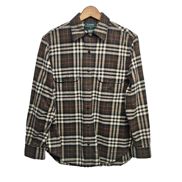 Women's Medium LAUREN RALPH LAUREN Green Plaid 100% Cotton Heavy Flannel Shirt - Picture 1 of 5